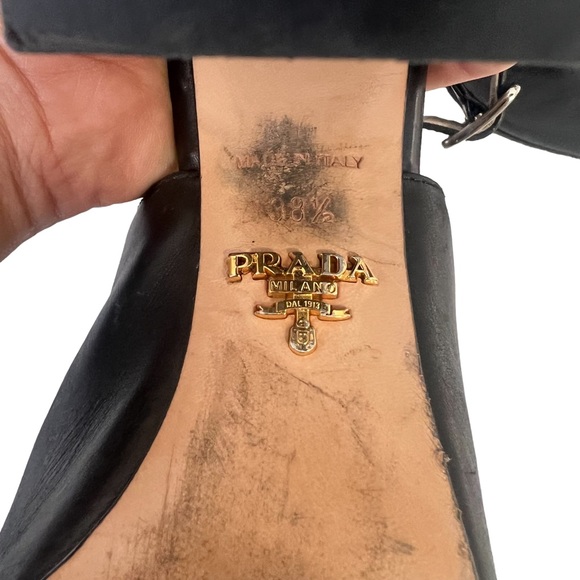 PRADA Albina Black Leather Chunky Block Peep Toe Slingback Heels 38.5 - Picture 13 of 13
